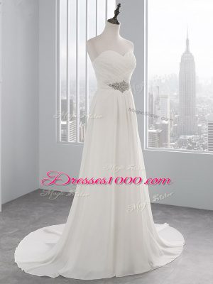 Chic White Sweetheart Lace Up Beading and Ruching Wedding Dress Brush Train Sleeveless