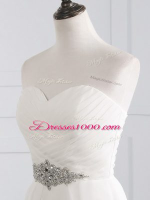 Chic White Sweetheart Lace Up Beading and Ruching Wedding Dress Brush Train Sleeveless