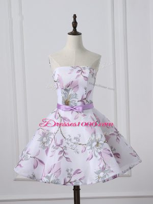 Excellent White A-line Scoop Sleeveless Printed Mini Length Lace Up Belt Prom Dresses
