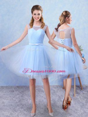 Ruching and Belt Court Dresses for Sweet 16 Blue Lace Up Sleeveless Knee Length