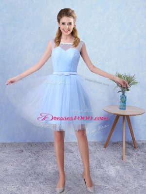 Ruching and Belt Court Dresses for Sweet 16 Blue Lace Up Sleeveless Knee Length