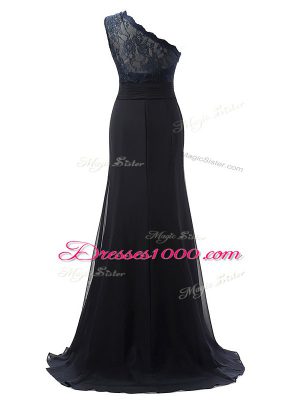 High Quality One Shoulder Sleeveless Bridesmaid Gown Brush Train Lace Black Chiffon