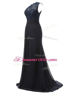 High Quality One Shoulder Sleeveless Bridesmaid Gown Brush Train Lace Black Chiffon