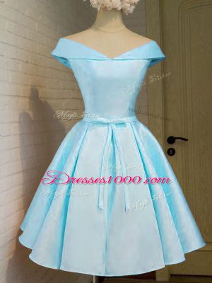 Sexy Aqua Blue Wedding Guest Dresses Prom and Party and Wedding Party with Belt Off The Shoulder Cap Sleeves Lace Up