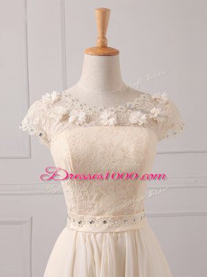 Wonderful Cap Sleeves Mini Length Lace and Appliques Lace Up Damas Dress with Champagne