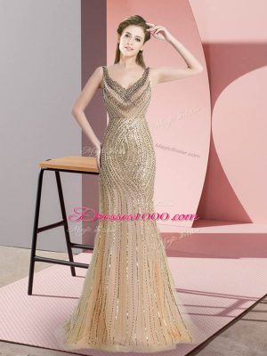 Flirting Straps Sleeveless Brush Train Zipper Dress for Prom Champagne Tulle