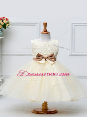 Wonderful Champagne Ball Gowns Tulle Scoop Sleeveless Lace and Bowknot Knee Length Zipper Party Dress Wholesale
