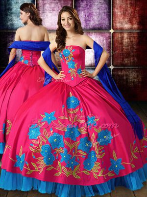 Hot Pink Quinceanera Gown Military Ball and Sweet 16 and Quinceanera with Embroidery Strapless Sleeveless Lace Up