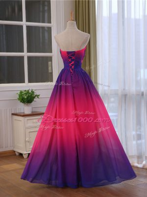 Customized Multi-color Chiffon and Printed Lace Up Sweetheart Sleeveless Floor Length Prom Evening Gown Beading and Ruching