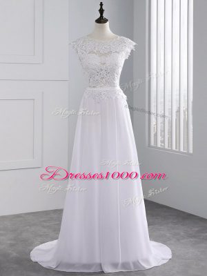 Unique White Empire Chiffon Scalloped Cap Sleeves Lace Backless Bridal Gown Brush Train