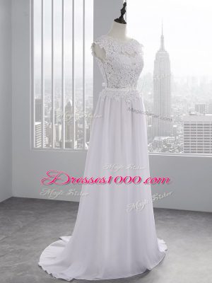 Unique White Empire Chiffon Scalloped Cap Sleeves Lace Backless Bridal Gown Brush Train
