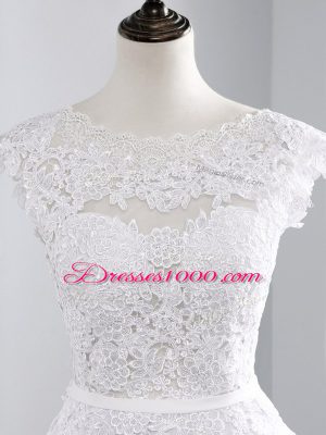 Unique White Empire Chiffon Scalloped Cap Sleeves Lace Backless Bridal Gown Brush Train