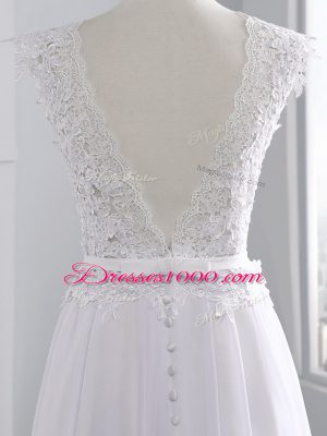 Unique White Empire Chiffon Scalloped Cap Sleeves Lace Backless Bridal Gown Brush Train