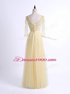 Graceful Light Yellow Half Sleeves Floor Length Lace Lace Up Wedding Guest Dresses