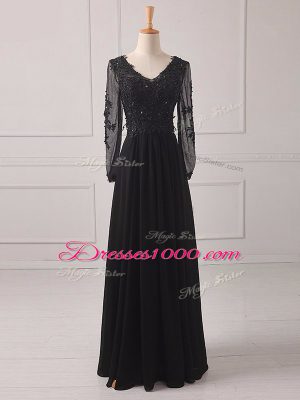 Customized Floor Length Black Mother of Bride Dresses V-neck Long Sleeves Zipper