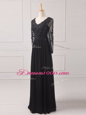 Customized Floor Length Black Mother of Bride Dresses V-neck Long Sleeves Zipper