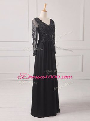 Customized Floor Length Black Mother of Bride Dresses V-neck Long Sleeves Zipper