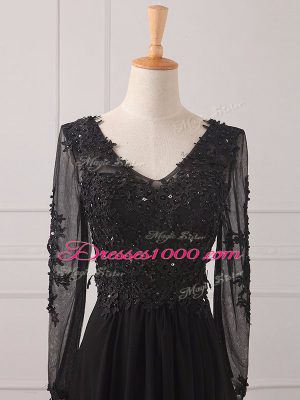 Customized Floor Length Black Mother of Bride Dresses V-neck Long Sleeves Zipper