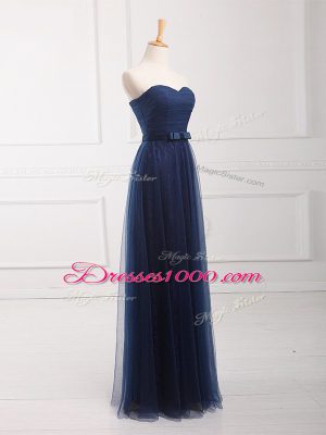 Floor Length Empire Sleeveless Navy Blue Bridesmaid Dresses Lace Up