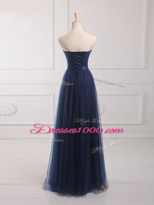 Floor Length Empire Sleeveless Navy Blue Bridesmaid Dresses Lace Up