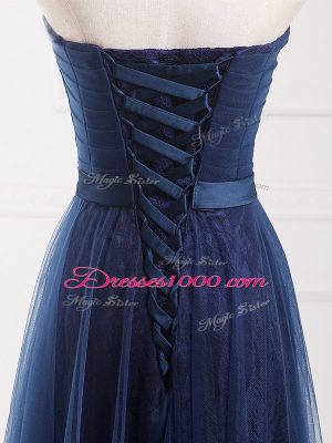 Floor Length Empire Sleeveless Navy Blue Bridesmaid Dresses Lace Up