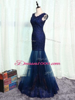 Navy Blue Scoop Neckline Beading and Lace and Appliques Mother of Bride Dresses Sleeveless Zipper
