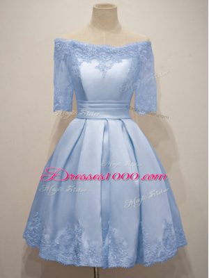 Adorable Light Blue Half Sleeves Lace Knee Length Quinceanera Court Dresses