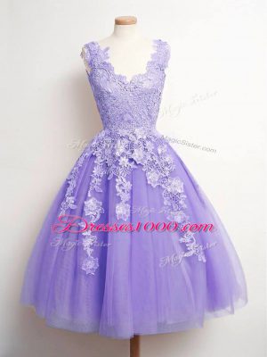 Delicate Lavender A-line Tulle V-neck Sleeveless Lace Knee Length Lace Up Damas Dress