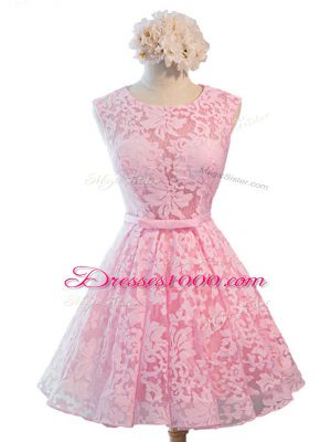 A-line Dama Dress Baby Pink Scoop Lace Sleeveless Knee Length Lace Up