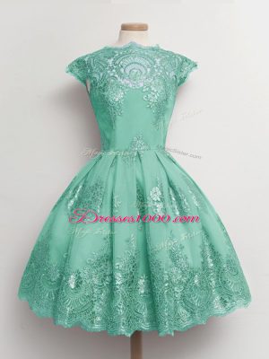Hot Selling A-line Bridesmaids Dress Turquoise Scalloped Tulle Cap Sleeves Knee Length Lace Up