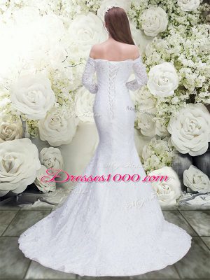 White Off The Shoulder Neckline Lace Wedding Gowns 3 4 Length Sleeve Lace Up