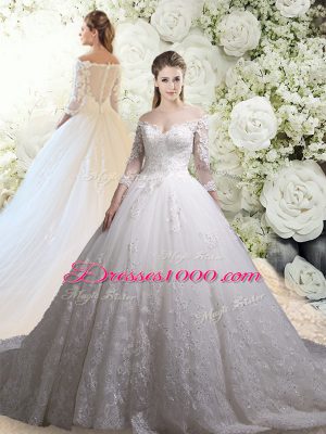 Free and Easy Chapel Train Three Pieces Wedding Dress White Off The Shoulder Tulle 3 4 Length Sleeve Zipper