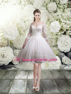 Free and Easy Chapel Train Three Pieces Wedding Dress White Off The Shoulder Tulle 3 4 Length Sleeve Zipper