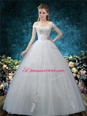 Organza Cap Sleeves Floor Length Bridal Gown and Beading and Appliques
