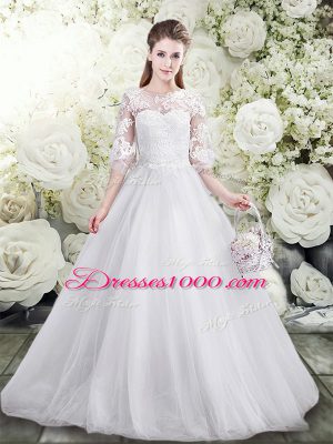 Perfect A-line Wedding Gowns White Scoop Tulle Half Sleeves Floor Length Lace Up