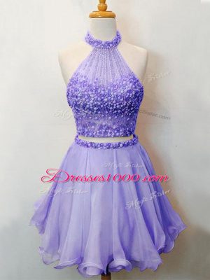 Traditional Lavender Organza Lace Up Bridesmaid Dress Sleeveless Knee Length Beading