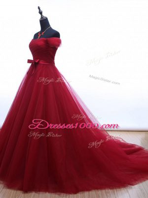 Lace Up Evening Dress Burgundy for Prom and Party with Ruching and Belt Brush Train