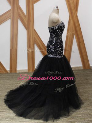 Graceful Sleeveless Tulle Brush Train Lace Up in Black with Beading