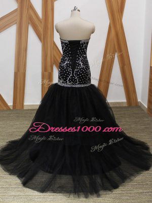 Graceful Sleeveless Tulle Brush Train Lace Up in Black with Beading