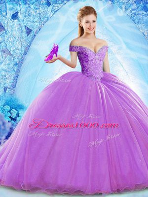 Perfect Brush Train Ball Gowns Sweet 16 Quinceanera Dress Lavender Off The Shoulder Organza Sleeveless Lace Up