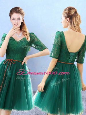 Green V-neck Neckline Lace Court Dresses for Sweet 16 Half Sleeves Backless