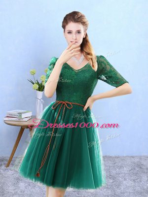 Green V-neck Neckline Lace Court Dresses for Sweet 16 Half Sleeves Backless