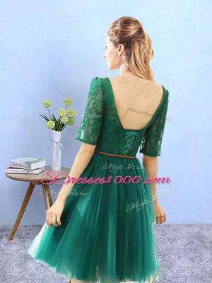 Green V-neck Neckline Lace Court Dresses for Sweet 16 Half Sleeves Backless