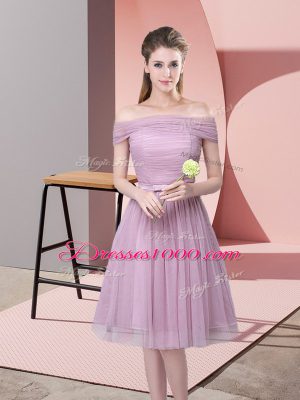 Lavender Empire Ruching and Belt Quinceanera Court Dresses Side Zipper Tulle Sleeveless Knee Length