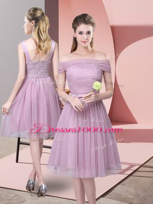 Lavender Empire Ruching and Belt Quinceanera Court Dresses Side Zipper Tulle Sleeveless Knee Length