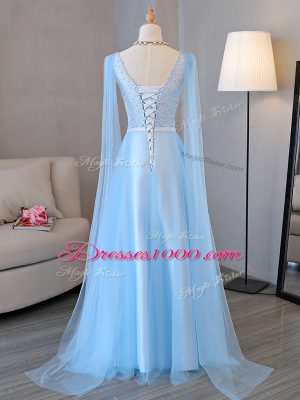 Baby Pink V-neck Neckline Beading Prom Dress Long Sleeves Lace Up