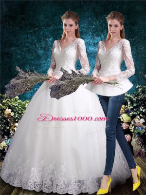 Popular Long Sleeves Lace Up Floor Length Beading and Appliques Wedding Dresses
