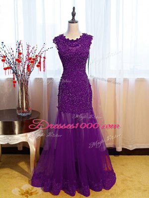 Fantastic Eggplant Purple Mermaid Beading and Lace and Appliques Prom Dress Side Zipper Tulle Sleeveless Floor Length