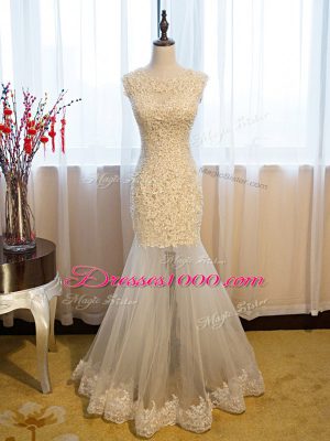 Fantastic Eggplant Purple Mermaid Beading and Lace and Appliques Prom Dress Side Zipper Tulle Sleeveless Floor Length