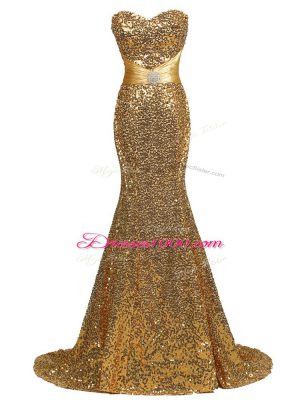 Chic Gold Sleeveless Sequined Brush Train Lace Up Prom Party Dress for Prom and Military Ball and Sweet 16